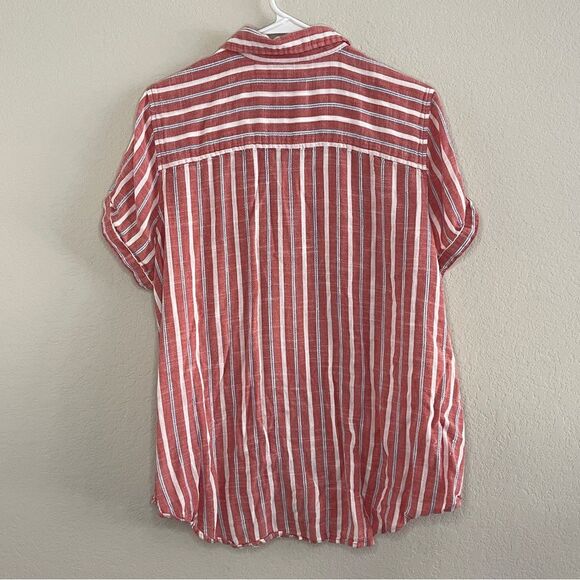Westport Button Up Blouse Short Rolled Sleeve 1x Red White Blue Stripes - Picture 2 of 4